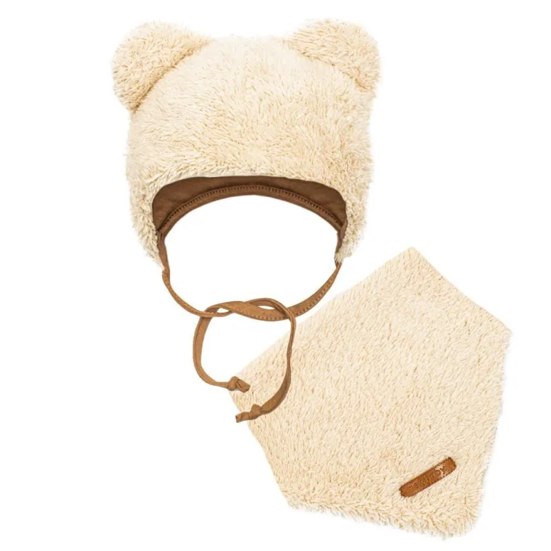 New Baby Zimní kojenecká čepička s šátkem na krk Teddy bear