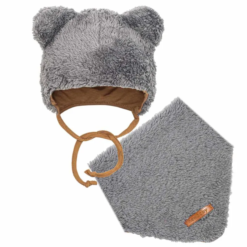 New Baby Zimní kojenecká čepička s šátkem na krk Teddy bear