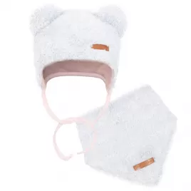 New Baby Zimní kojenecká čepička s šátkem na krk Teddy bear šedo růžová