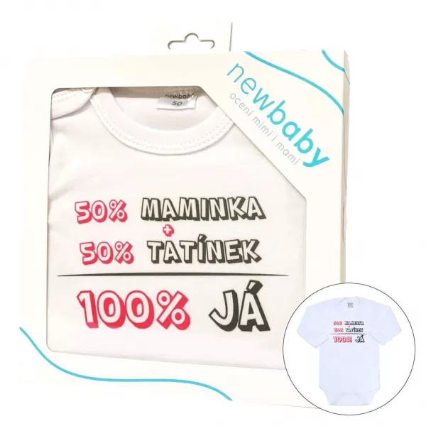 New Baby Body s potiskem 50% MAMINKA + 50% TATÍNEK - 100% JÁ růžové - dárkové balení