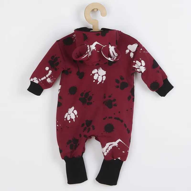 New Baby Kojenecký bavlněný overal s kapucí a oušky tlapka tmavě růžový