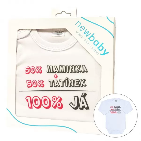 New Baby Body s potiskem 50% MAMINKA + 50% TATÍNEK - 100% JÁ růžové - dárkové balení