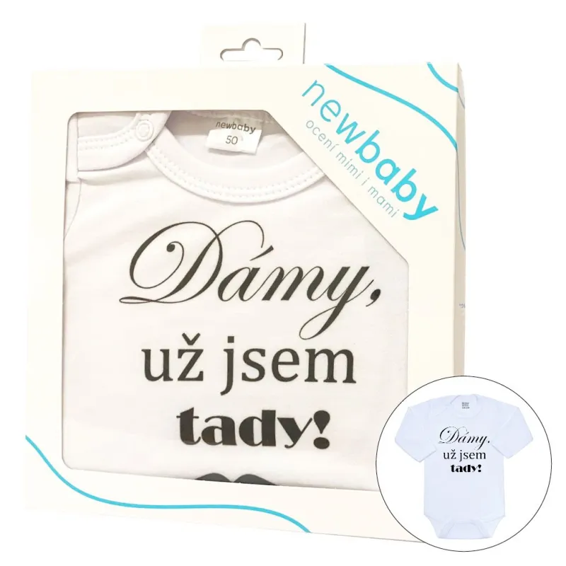 New Baby Body s potiskem Dámy, už jsem tady! - dárkové balení