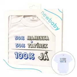New Baby Body s potiskem 50% MAMINKA + 50% TATÍNEK - 100% JÁ modré - dárkové balení