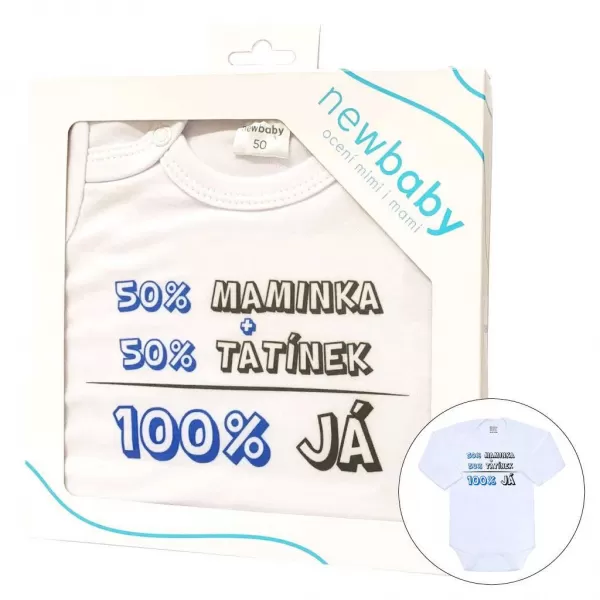 New Baby Body s potiskem 50% MAMINKA + 50% TATÍNEK - 100% JÁ modré - dárkové balení