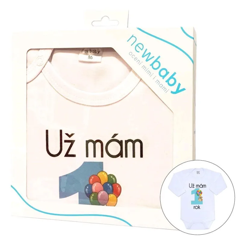 New Baby Body s potiskem Už mám 1 rok modré - dárkové balení