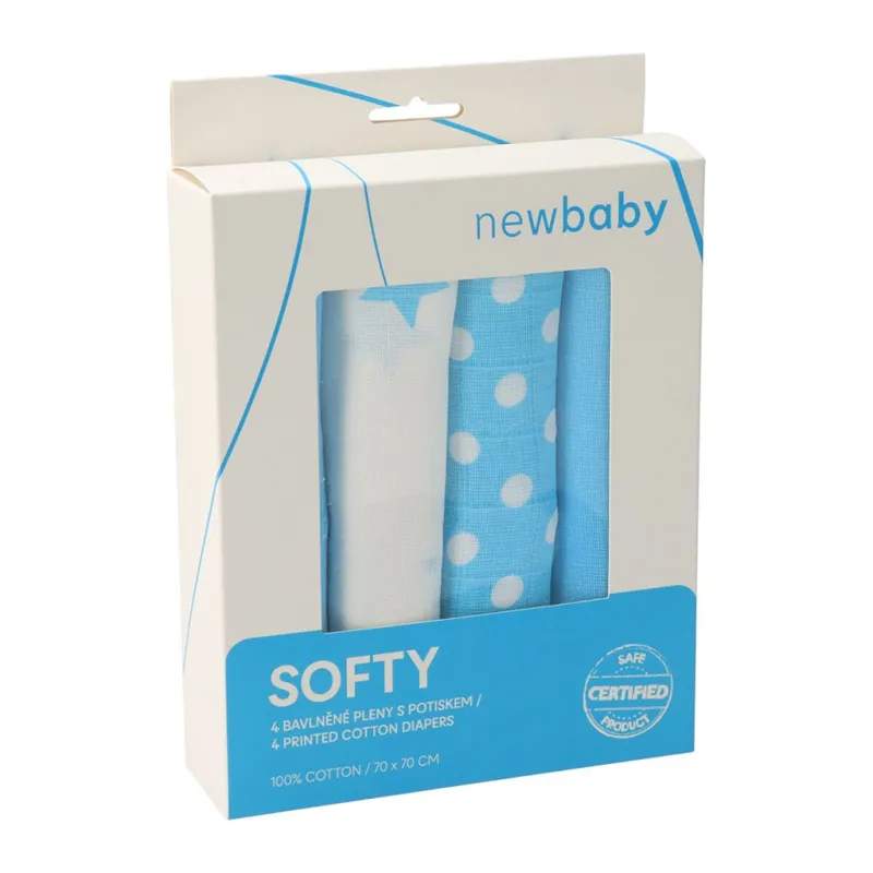 New Baby Látkové bavlněné pleny Softy s potiskem 70 x 70 cm 4 ks tyrkysovo-bílé