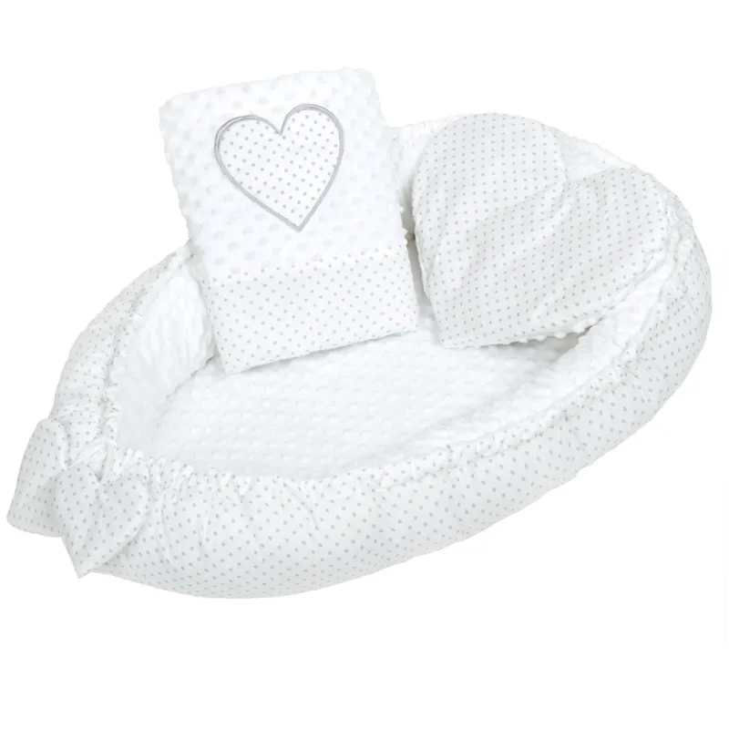 New Baby Luxusní hnízdečko s polštářkem a peřinkou z Minky Srdíčko bílé