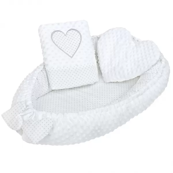 New Baby Luxusní hnízdečko s polštářkem a peřinkou z Minky Srdíčko bílé