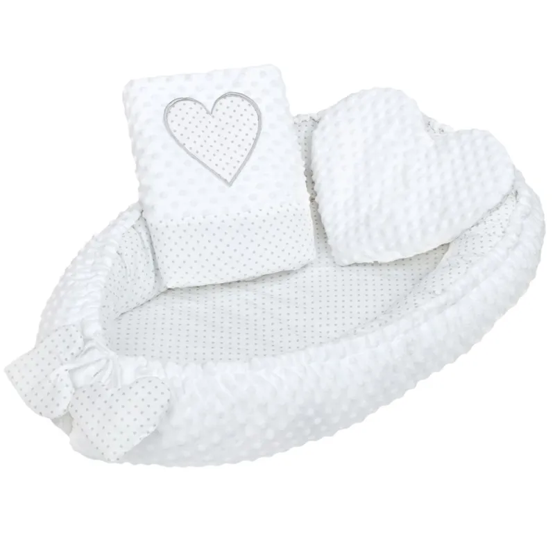 New Baby Luxusní hnízdečko s polštářkem a peřinkou z Minky Srdíčko bílé